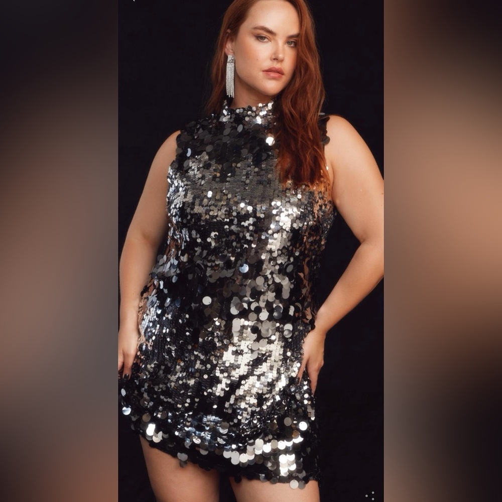 Plus Size Sequin Striped High Neck Shift Dress